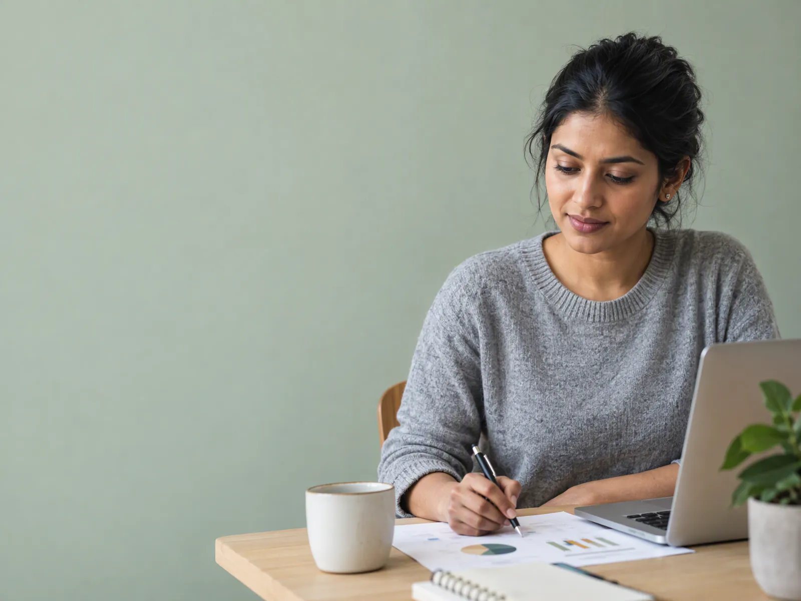 An analyst at her desk with a laptop and a printed chart.